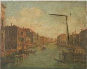 Damaged oil painting of Venice before restoration. The canvas is torn and in need of repair.