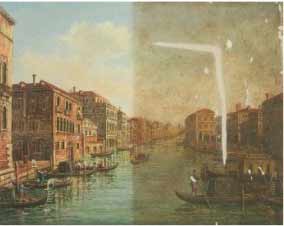 The painting of Venice during restoration. Half of the painting has been cleaned and the the tears have been patched.